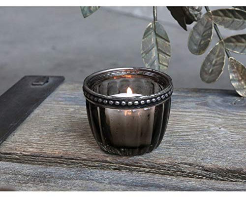 Chic Antique französischer Teelichthalter Kerzenständer mit Spitzenkante Kerzenhalter Windlicht Dänemark Dunkel Grau H 4,5 cm
