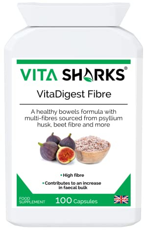 VitaDigest Fibre - Vegan Dietary High Fibre Capsules for Healthy Clear Bowels & Increased Faecal Bulk with Psyllium Husk Fiber, Flaxseed & Beetroot - Kosher