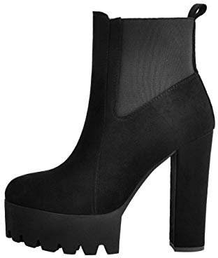Only maker Confortevole piattaforma elastica per le donne punta rotonda tacco alto grosso tirare su stivaletti alla caviglia Nero EU 38