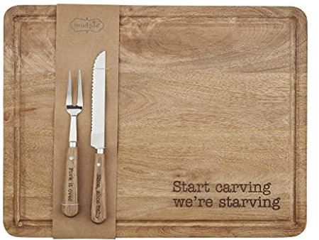 Mud Pie Carving Board Set, board 15 x 19 1/2 | knife 11 | fork 9