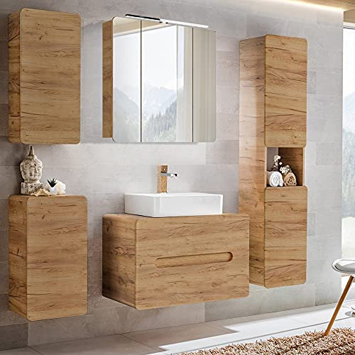 Lomadox Badmöbel Set mit 80 cm Waschtisch & LED-Spiegelschrank, Wotan Eiche Nb., Hochschrank, Hängeschränke, B/H/T ca. 180/200/46 cm