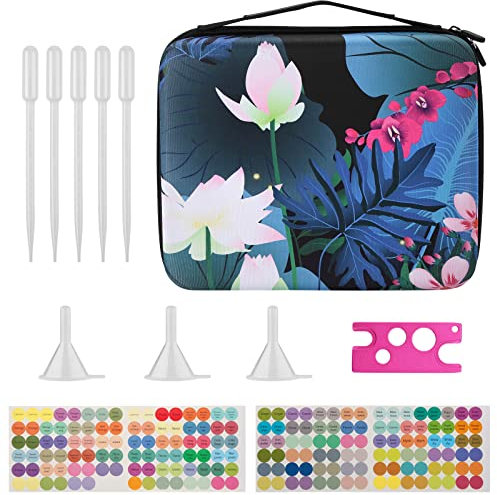 FITNATE ätherisches Öle Tasche, Essential Oil Bag für 56 Flaschen(5/10/15ML) Lotus Muster Perfekt für Young Livng&Doterra, Wasserdicht, mit Flaschenöffner Aufklebern Tropfern Trichter