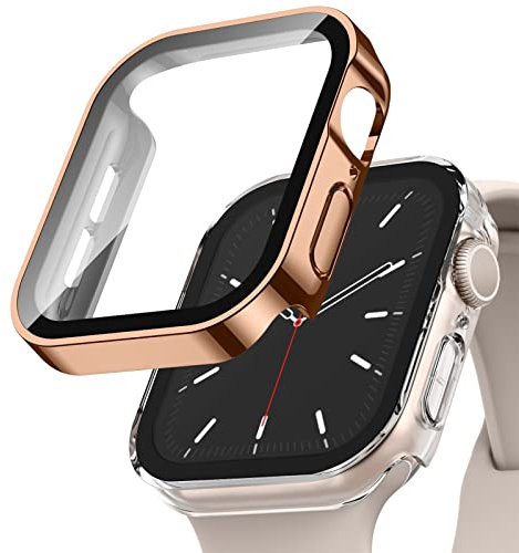 Recoppa 2 Stück Apple Watch Schutzhülle 45mm, Rechtwinklige Hülle mit Displayschutz aus Glas für Apple Watch Series 7, Rose Gold+Durchsichtig