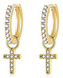 Creolen Gold Damen mit Kreuz Anhänger für Mädchen Frauen | Ohrringe Gold Ohrhänger Kreuz Ohrringe Creolen Klein Set