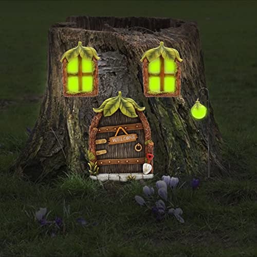 4 Stück Feentür Garten Feen Wichteltür Gartendeko,Miniatur Fairy Tree Dekorationen Set,Baumtür und Fenster Harz Anhänger,Feengarten Haustür,Fenster und Tür Elf Hause für Skulptur Statuen