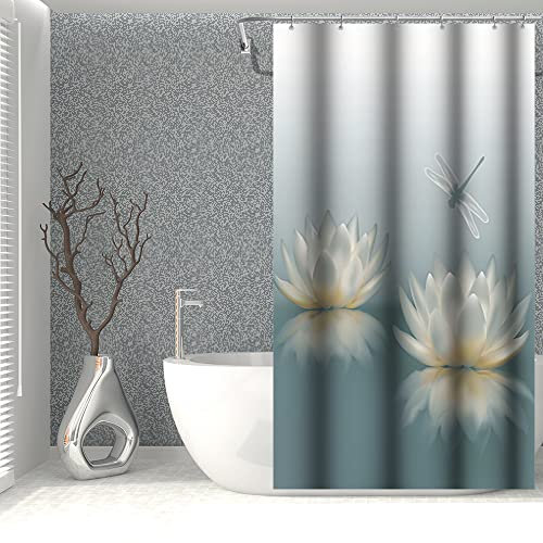 SDOTPMT 90x183cm Lotus Fleur Rideau de Douche Mignon Libellule Zen Spa - Élégant Floral Spirituelle Méditation Étanche pour Salle de Bain avec Crochets