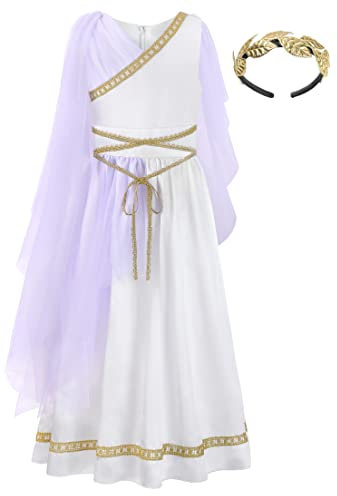 ReliBeauty Costume Dea Greca per Bambina Tunica Età Antica con Copricapo Dorato, 6-7 anni(120 cm)