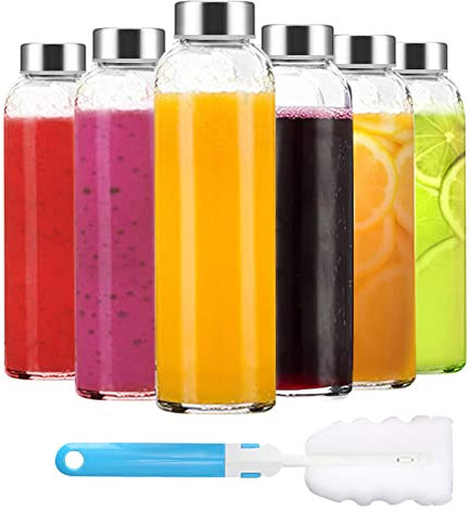 Luxfuel Transparente Glasflaschen mit Deckel, 530 ml, wiederverwendbare Glaswasserflaschen mit Edelstahlkappe zum Entsaften, Kühlschrank, 100 % auslaufsicher, BPA-frei, Glas-Saftflaschen, 6 Stück