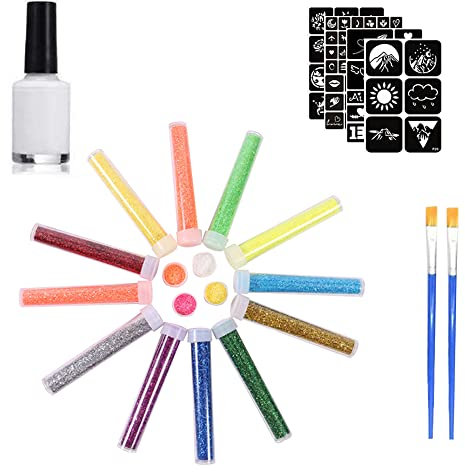 Set Tatuaggio Bambina, 12 Colori, 4 Tatuaggio Modelli, 1 * Pennelli, 1 * Colle Glitter Tattoo Tatuaggi Bambini Adulti per Halloween Natale Festa Regalo