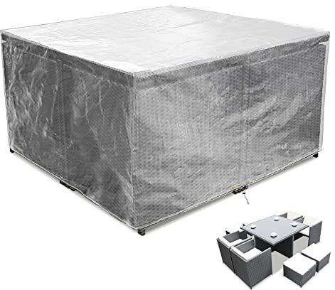 RICHIE Abdeckung für Gartenmöbel wasserdichte Schutzhülle Anti-UV Abdeckplane Atmungsaktiv Polyethylen für Gartentische Terrassenmöbel Rechteckig (Transparent 135x135x71cm)