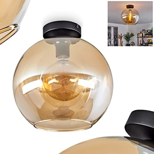 HOFSTEIN Deckenleuchte Koyoto, moderne Deckenlampe aus Metall/Glas in Schwarz/Bernsteinfarben, 1-flammige Leuchte im Retro/Vintage-Design mit Schirm aus Glas (Ø 30 cm), 1 x E27, ohne Leuchtmittel