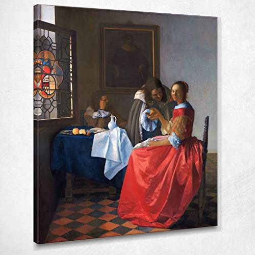 Due Gentiluomini E Una Fanciulla con Bicchiere di Vino Vermeer Jan Quadro JV1, 50x40 cm