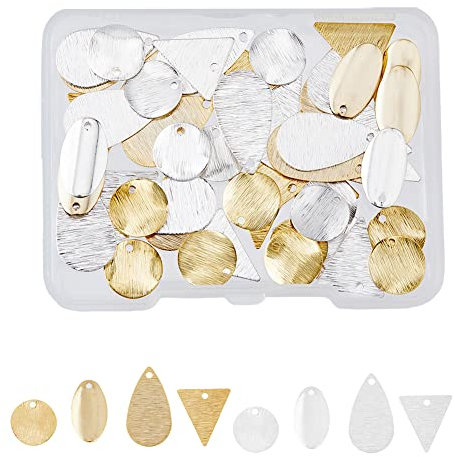 SUPERFINDINGS 64 Stück 4 Stile Blanko Etiketten 2 Farben Messing Blanko Charms Anhänger Metall Teardrop Flat Round Triangle Oval Tag Charms Anhänger Für Die Schmuckherstellung Basteln Bohrung:1~1.2mm