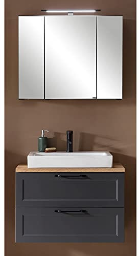 Lomadox Badezimmermöbel Badmöbel Waschtisch Set, mit 80 cm Unterschrank Keramik-Aufsatzbecken und Spiegelschrank, dunkelgrau, B/H/T ca. 80/200/47 cm