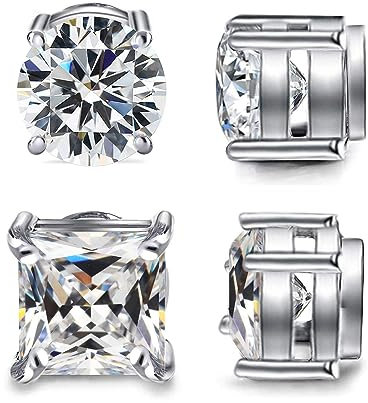 Diamday 2 Paare Edelstahl Magnetisch Ohrstecker für Herren Damen Nicht-Piercing Magnet Ohrringe Clip on Ohrringe CZ Rund/Quadratisch Hypoallergen Klipp Ohrstecker 5MM