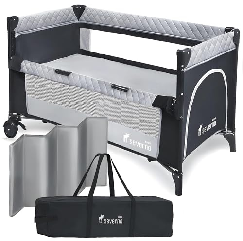 SEVERNO Cama de viaje para bebés plegable 2 en 1, cama auxiliar para niños, lado de la cama ajustable en 2 posiciones, 2 niveles de cama, ruedas, colchón, mosquitero, bolsa de transporte