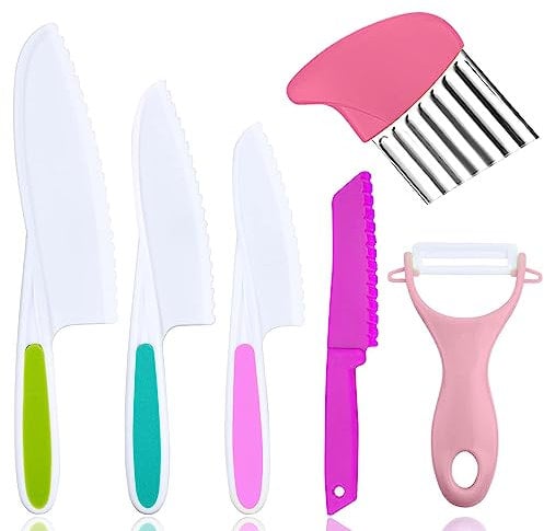 WOODFIB 6PCS Kitchen Safety Knives for Kids, Reusabl Children's Cooking Knives in 4 Sizes, Plastic Paring Knife and Potato Slicer for Vegetables, Fruits, Salad, Cake (Pink)