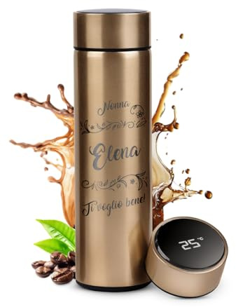 Maverton Tazza termica 450 ml, Thermos tè caffè con display led, per donna | borraccia con incisione personalizzata in acciaio inox, coperchio ermetico one-touch, gold, Fiorini