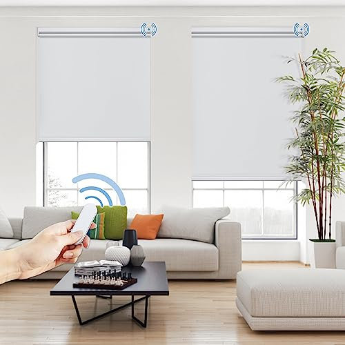 Grandekor Elektrische Rollos mit Trockenbatterie,Elektrisches Verdunklungsrollo mit Motor & Fernbedingung, Weiß B120 x H200 cm(Stoffbreite 116 cm) Rollo ohne Bohren Fensterrollo Innen Smart Rollo