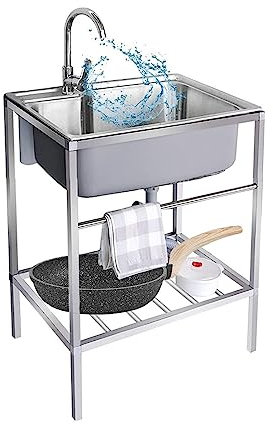 Edelstahlspüle Spülbecken Für Restaurant Waschküche, Freistehende Küchenspüle Waschtrog Mit Ständer, Große Gewerbe-spülbecken Mit Wasserhahn Und Drainage-Komponenten, Antis-Rost