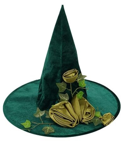 YJZQ Hexenhut Halloween Weinrebe Hexenhut Grün Dekor Halloween Kostüm Hut Grün Wizard Hut mit Rose Blume für Kostüm Halloween Party Dekoration