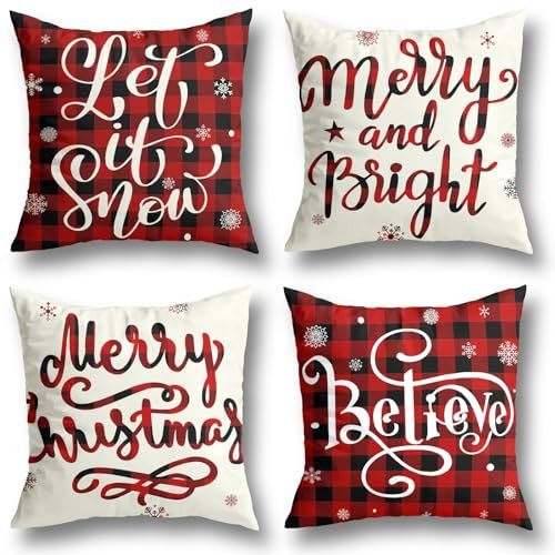 OEAGO 4 Stück Kissenbezug Weihnachten,45x45cm Weihnachtsdeko Feines Leinen Weihnachtskissenbezug Weihnachtsdeko Innen für Sofa Wohnzimmer für Frauen