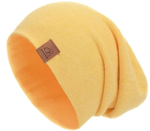 jaxmonoy Strickmütze aus Wolle und Kaschmir, Wintermützen für Damen, weich, warm, doppellagig, wendbar, Slouchy Skull Beanie Mütze, gelb, Medium