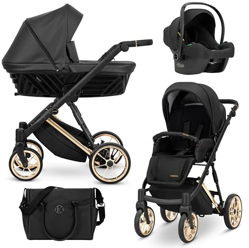 Kunert® IVENTO 3 in 1 Kinderwagen Kombikinderwagen komplettset I incl. Babywanne & Buggy Sportsitz & Auto-Babyschale mit Wickeltasche/Regenschutz +Fußsack I IVE 07 BLACK PEARL/GOLD FRAME