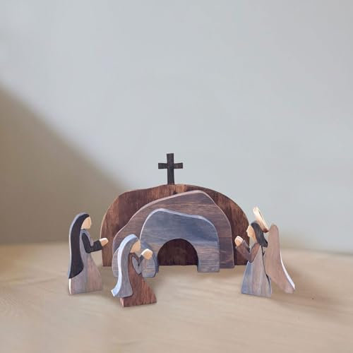 BFYDOAA Hölzernes Jesus-Grabkreuz, Osterszene, Religiöse Verzierung, Christliche Auferstehungsdekoration, Set für die Krippe, Abgestuftes Tablett, Ostergeschenk