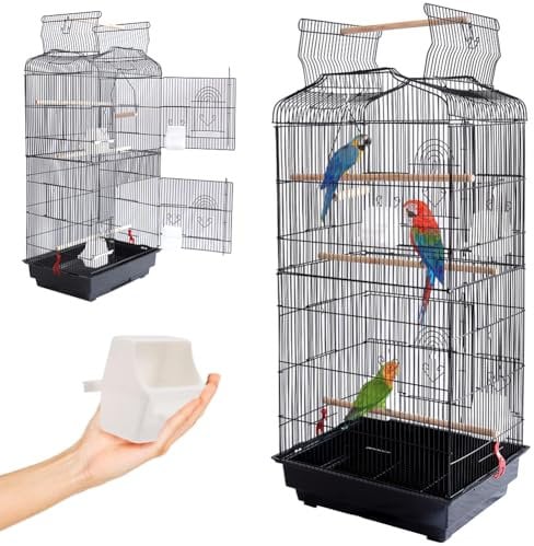 BAKAJI Gabbia Voliera per Uccelli, Pappagalli Inseparabili, Parrocchetti, Volatili, Tetto Apribile e Mangiatoie, Posatoi in Legno, Gabbietta con Vaschetta Removibile per Facile Pulizia (Nero)