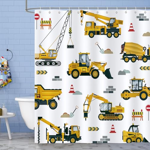 Bonhause Cortina de Ducha Niños Excavadora Dibujos Animados Amarillo Camión de Construcción Cortina de Baño de Poliéster Impermeable Antimoho Lavable Cortina Ducha 180 x 180 cm con 12 Ganchos