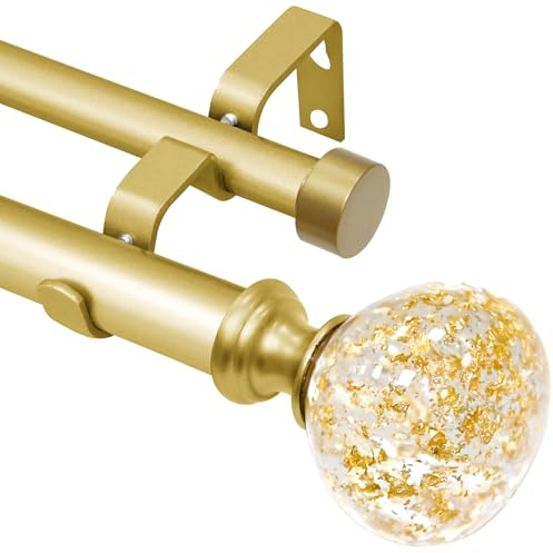 Goldfarbene Doppel-Gardinenstange für Fenster 71 bis 122 cm: Doppel-Gardinenstange für Fenster, robust und verstellbar von 71 bis 122 cm – goldfarbene Endstücke aus Harzfolie und doppelte