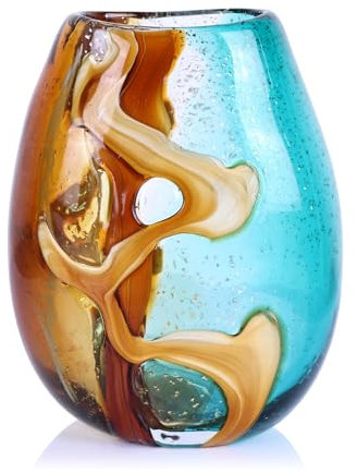 Joli vase en verre soufflé, vase de fleurs en verre coloré, décoration d'intérieur, vase en verre ambré et bleu sarcelle pour salon, bureau, chambre à coucher, centre de table côtière