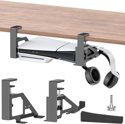 Rysker PS5 Under Desk Stand for PS5/Slim/Pro, Horizontal Stand for Playstation 5, Accessories for PS5 with Headphone Stand