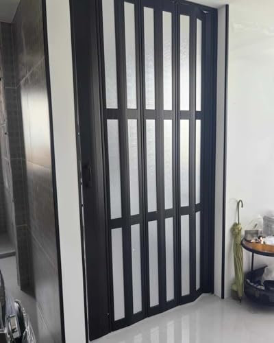 Concertina Door Sliding Black Accordion Closet Door with Windows, Pvc Internal Folding Door for Camper RV Cabinet Bathroom, Frosted Acrylic Foldable Room Dividing Door(46x80in(116.8x203.2cm))