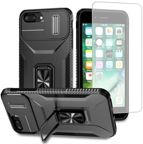 Vavies Case for iPhone 7 Plus/iPhone 8 Plus/iPhone 6 Plus/6S Plus Case with Tempered Glass Screen Protector and Slide Camera Cover, Magnetic Ring Car Holder Shockproof Cover for iPhone 8 Plus Black