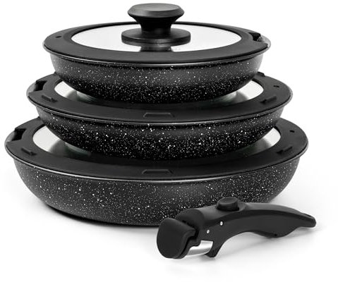 MICHELANGELO Frying Pan Set with Removable Handle, 20cm,24cm and 28cm Frying Pan with Lid, Frying Pan with Detachable Handle, PFOA Free, Oven Safe, Black