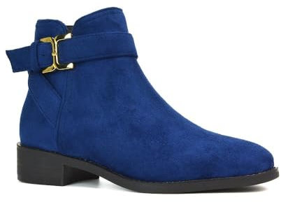ESSEX GLAM Women's Ankle Boots Ladies Flat Low Heel Navy Faux Suede Zip Buckle Deco Biker Chelsea Booties Shoe Size 6