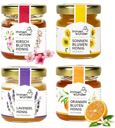 Immenwunder Honig Probierset Set Alles Liebe, 4x50 g Honige | Lavendelhonig, Orangenblütenhonig, Kirschblütenhonig, Sonnenblumenhonig, ideale kleinigkeiten für Ostern, Geschenkideen