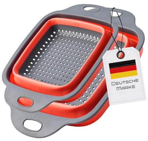 Faltbarer Seiher Sieb, Küche Silikon Klappbar Abtropfsieb Nudelsieb Set, Küchensieb Abwaschschüssel von Nudeln, Obst, Gemüse, 2 Größe (24.5+29.2cm) (Rot Rechteckig)