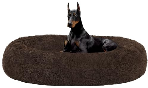 HMTOPE Orthopädisches Hundebett Grosse Hunde, Donut Kissen Waschbar, Ø120cm | Flauschig Hundesofa mit Egg-Crate Schaumstoff, XXL Langer Plüsch Rund, Kuscheliges Hundekorb, Abnehmbar Bezug, Braun