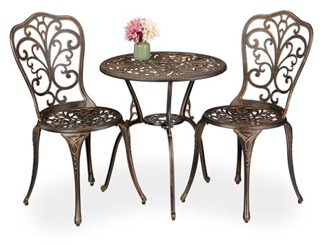 Relaxdays Mesa y Sillas Terraza, Conjunto Jardín Exterior, Aluminio Fundido, Muebles Balcón Antiguos, Negro/Bronce, 65 x 60 cm