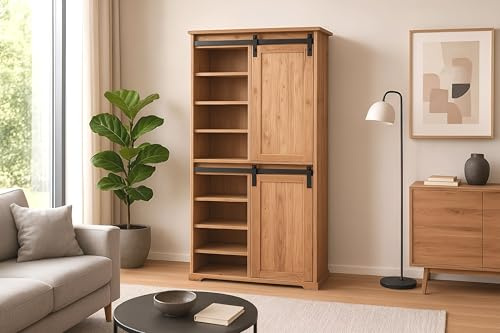 SAM Highboard Liano III 80x45x175 cm, Akazie Natur, Gusseiserne Elemente | 10 Fächer & 2 Schubladen, 2 x Holz-Schiebetüren, Akazienholz massiv