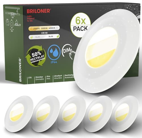 BRILONER - 6er Set LED Bad Einbaustrahler 230V Gehäuse 50% recycelt, Farbtemperaturwechsel, Dimmbar, IP44, Ra90, LED Spot, flach, Deckenspots, Einbauleuchten, Badezimmer, 68mm, 90x30mm (DxH), Weiß