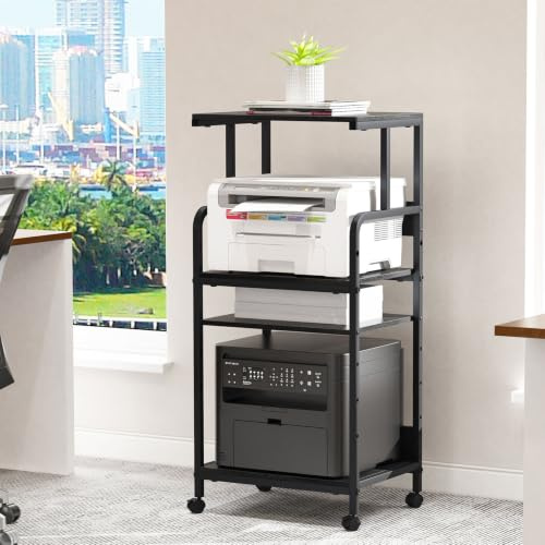 4-Tier Printer Stand, Large Printer Table on Wheels, Movable Printer Stand | Printer Cart with Storage for Fax Scanner Files Media Player, Multifunctional Trolley for Office Home Kitchen, Black
