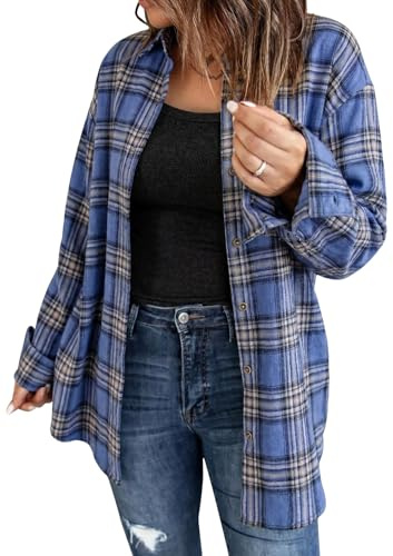 Fisoew Långärmad rutiga blusar för kvinnor, flanell-button down jackor, casual, långärmade tröjor