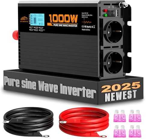 AUCARAUTO 1000W/2000W Reiner Sinus Wechselrichter spannungswandler 12v auf 230v Inverter mit LCD Digitalanzeige und 2 Auto Steckdose für Auto, LKW, Boot, Wohnmobil, Solaranlage