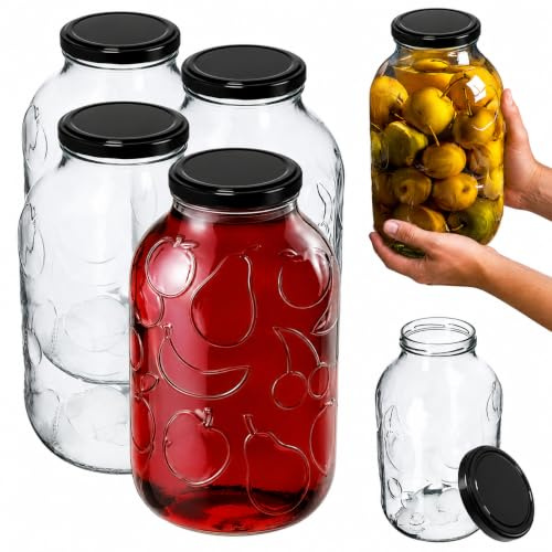 KADAX 4er Set Einmachgläser 5L mit TO100 Schraubdeckel Schwarz – Konservengläser für Gurken, Kombucha & Kimchi | Fermentieren, Einlegen & Einkochen
