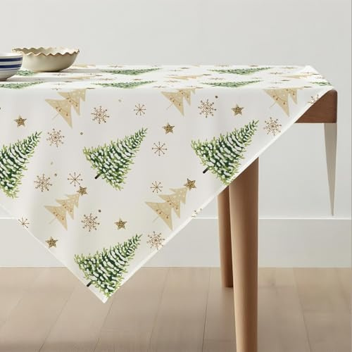 Avalune Tovaglia Natalizia Quadrata Verde Albero Centrotavola Natalizio Inverno Oro Fiocco di Neve Moderno Tovaglie Natalizie Addobbi Natalizi per la Casa, Cucina, Interni ed Esterni, 85 x 85 cm