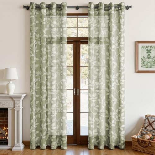 CUTEWIND Gardinen Wohnzimmer Modern Voile Transparent Vorhänge Graugrüne 240 x 140 cm (HxB), Vorhänge mit Ösen Transparente mit Weißen Blätterdrucken Muster für Schlafzimmer Kinderzimmer 2er Set